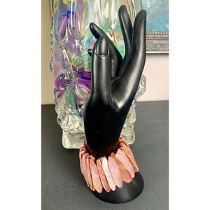 Vintage Hand carved Peach-Pink Abalone MOP panel stretch bracelet, Unsigned